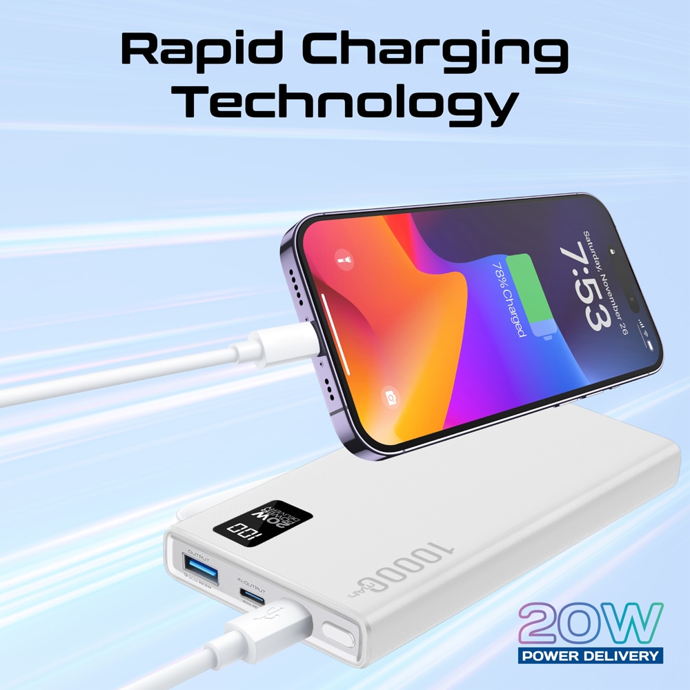 Baterie externa PROMATE Bolt-10PD, 10000mAh, 2xUSB-C, 1xUSB-A, alb