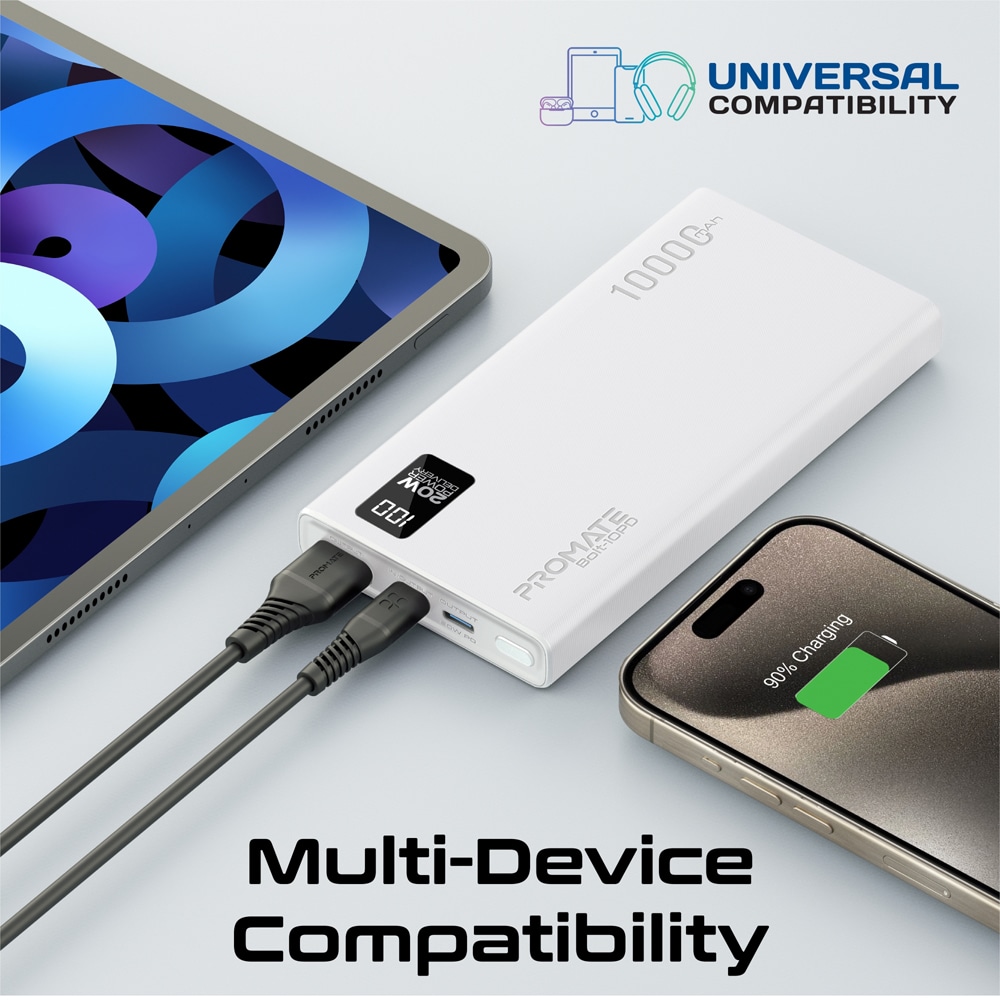 Baterie externa PROMATE Bolt-10PD, 10000mAh, 2xUSB-C, 1xUSB-A, alb