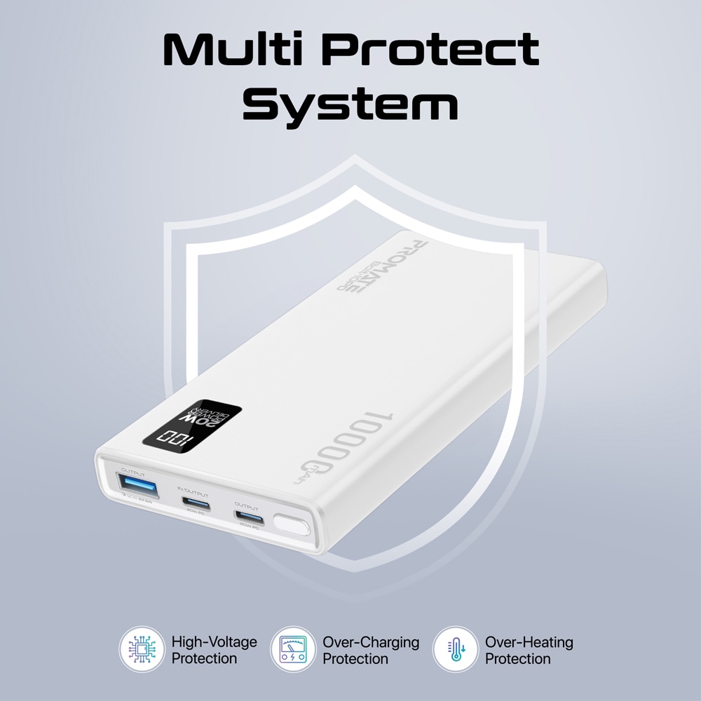 Baterie externa PROMATE Bolt-10PD, 10000mAh, 2xUSB-C, 1xUSB-A, alb