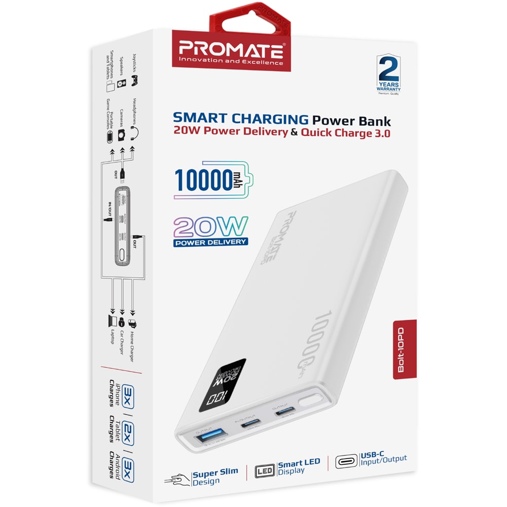 Baterie externa PROMATE Bolt-10PD, 10000mAh, 2xUSB-C, 1xUSB-A, alb