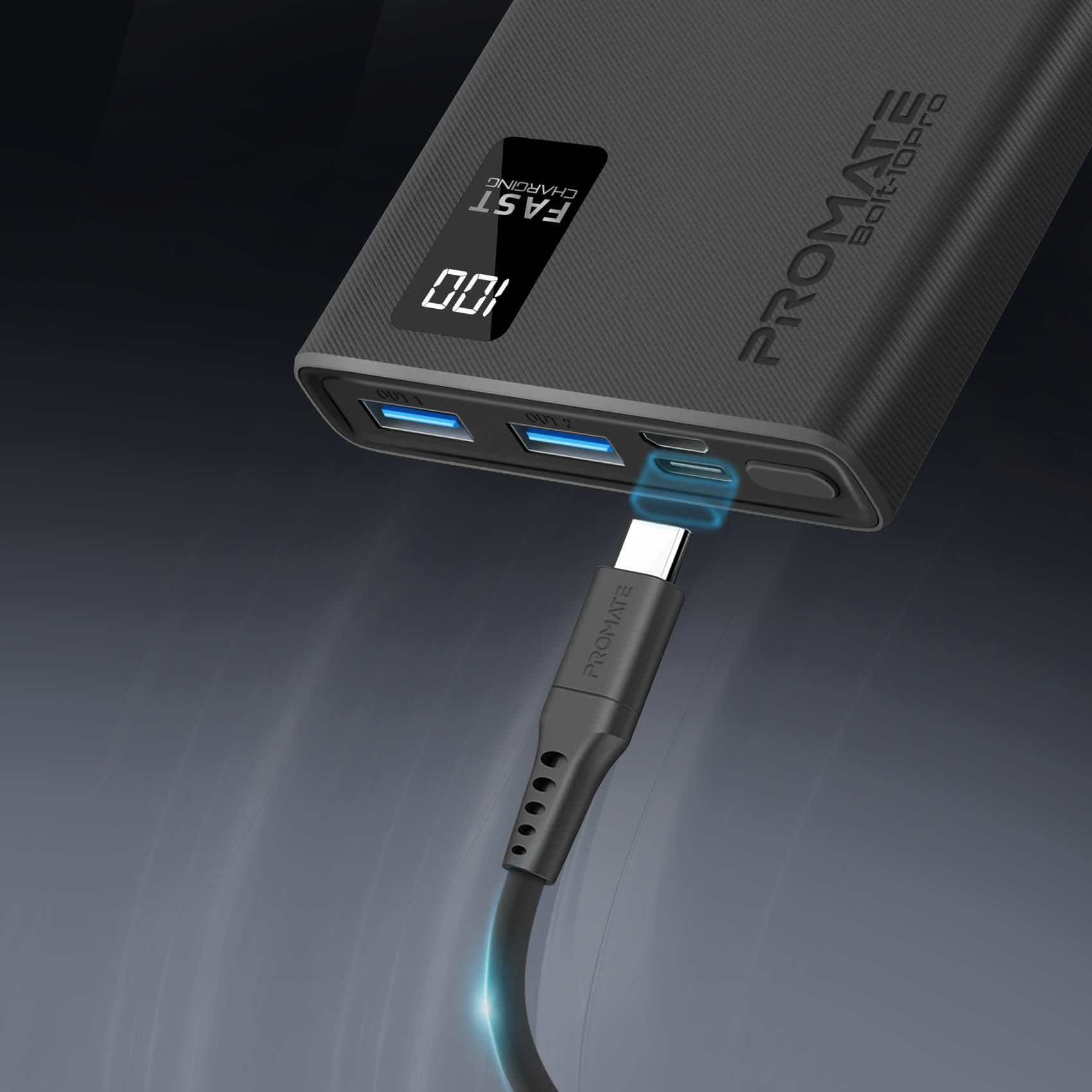 Baterie externa PROMATE Bolt-10Pro, 10000mAh, 2x USB-A, 1x USB-C, negru