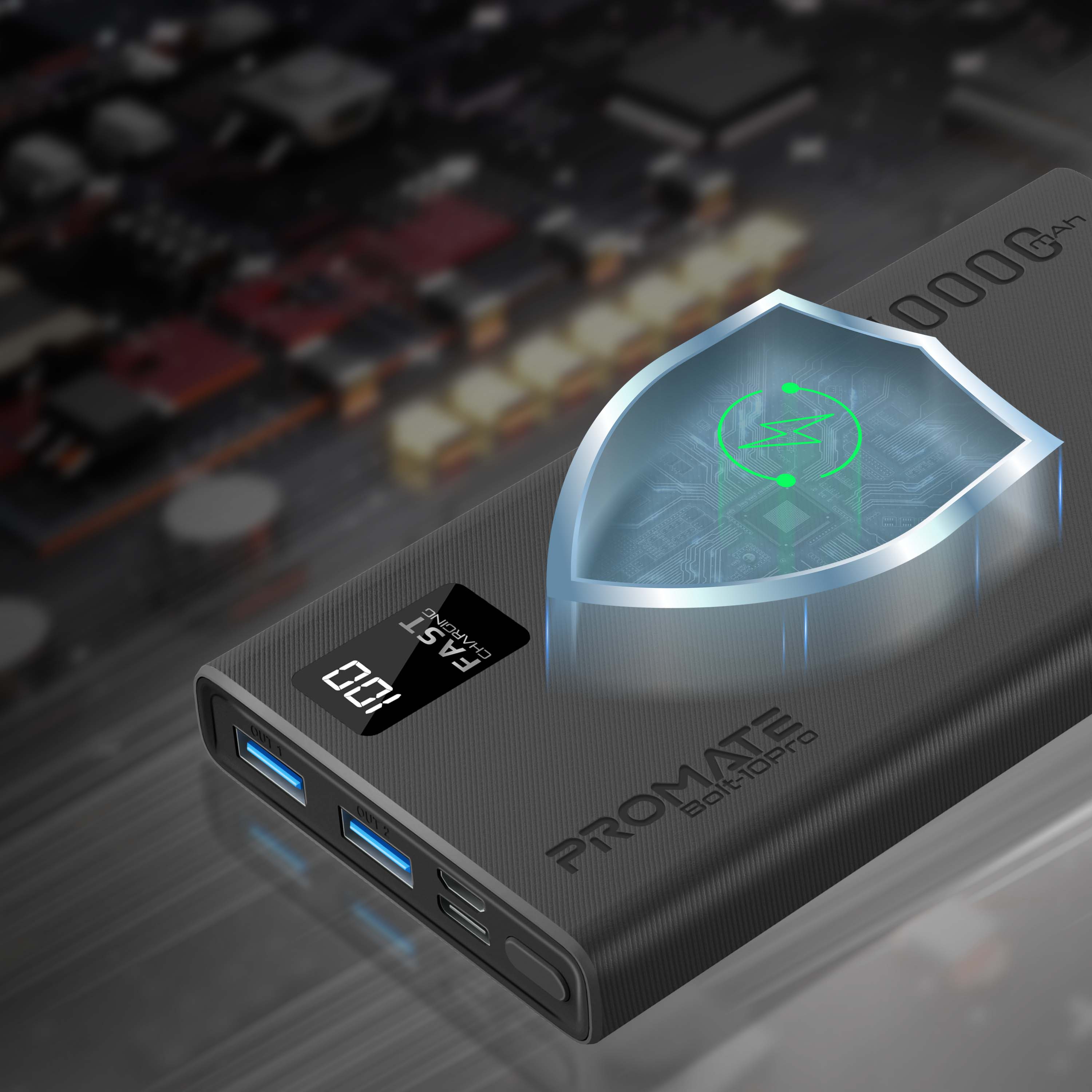 Baterie externa PROMATE Bolt-10Pro, 10000mAh, 2x USB-A, 1x USB-C, negru