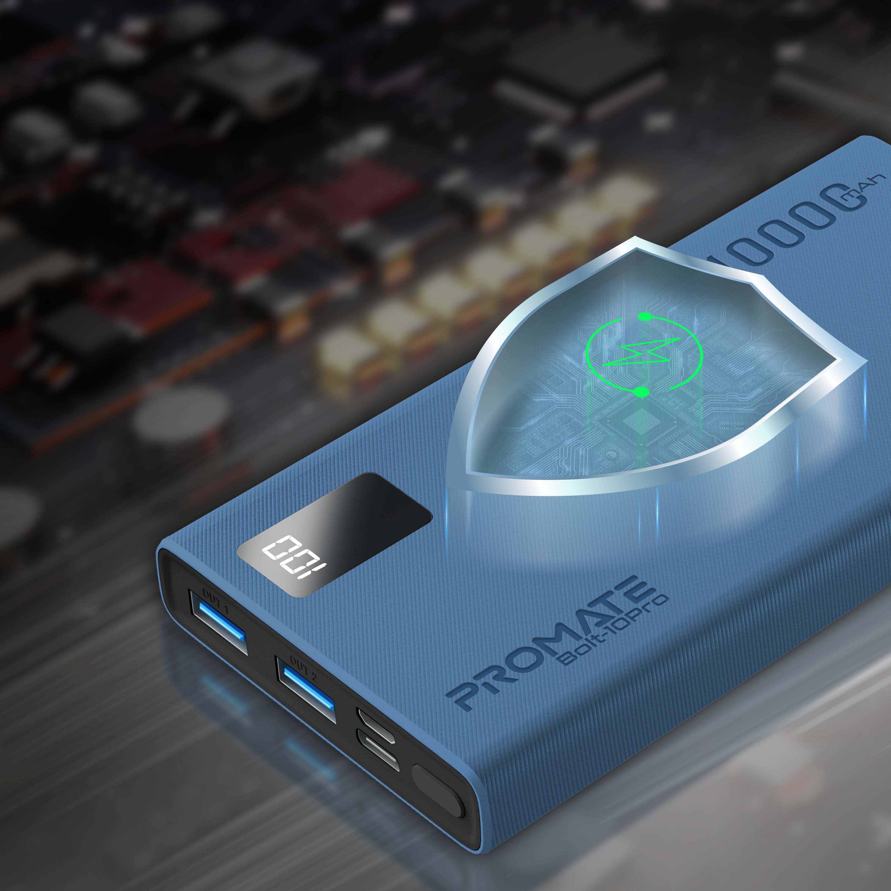 Baterie externa PROMATE Bolt-10Pro, 10000mAh, 2x USB-A, 1x USB-C, albastru