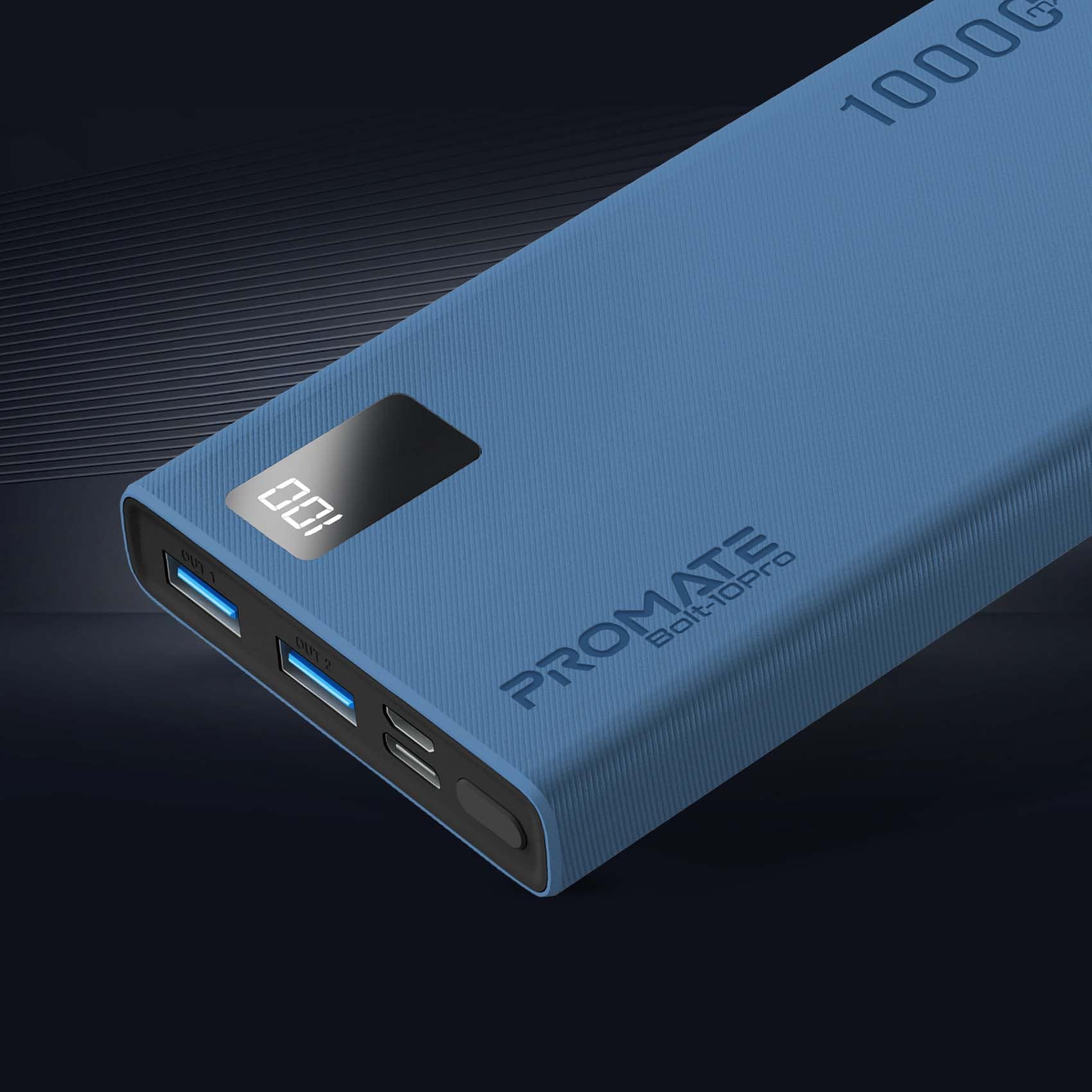 Baterie externa PROMATE Bolt-10Pro, 10000mAh, 2x USB-A, 1x USB-C, albastru