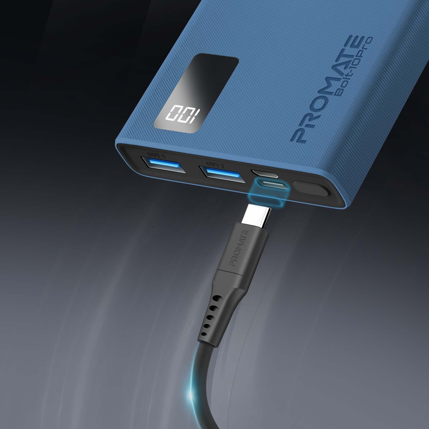 Baterie externa PROMATE Bolt-10Pro, 10000mAh, 2x USB-A, 1x USB-C, albastru
