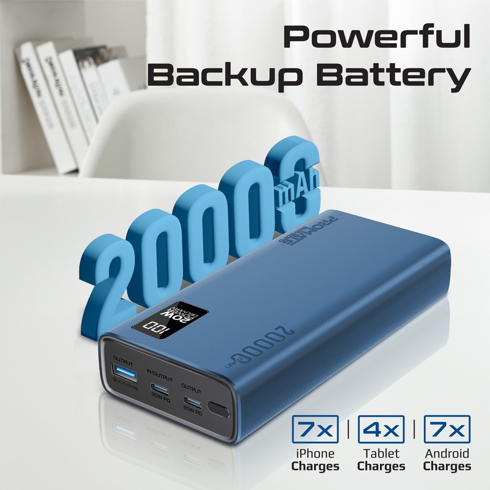 Baterie externa PROMATE Bolt-20PD, 20000mAh, 1xUSB-A, 2x USB-C Power Delivery (PD) 20W, albastru