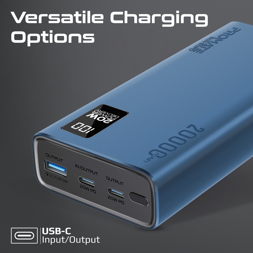 Baterie externa PROMATE Bolt-20PD, 20000mAh, 1xUSB-A, 2x USB-C Power Delivery (PD) 20W, albastru