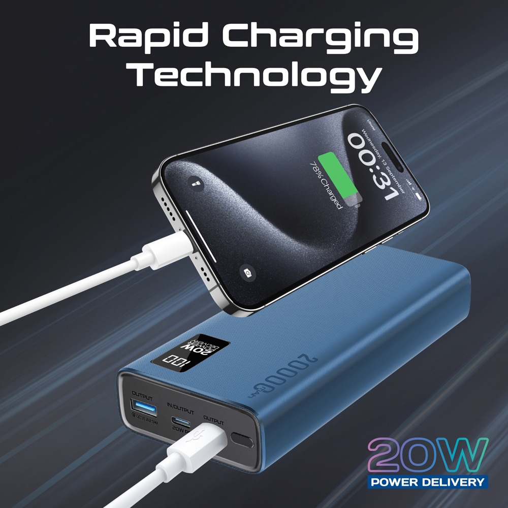 Baterie externa PROMATE Bolt-20PD, 20000mAh, 1xUSB-A, 2x USB-C Power Delivery (PD) 20W, albastru