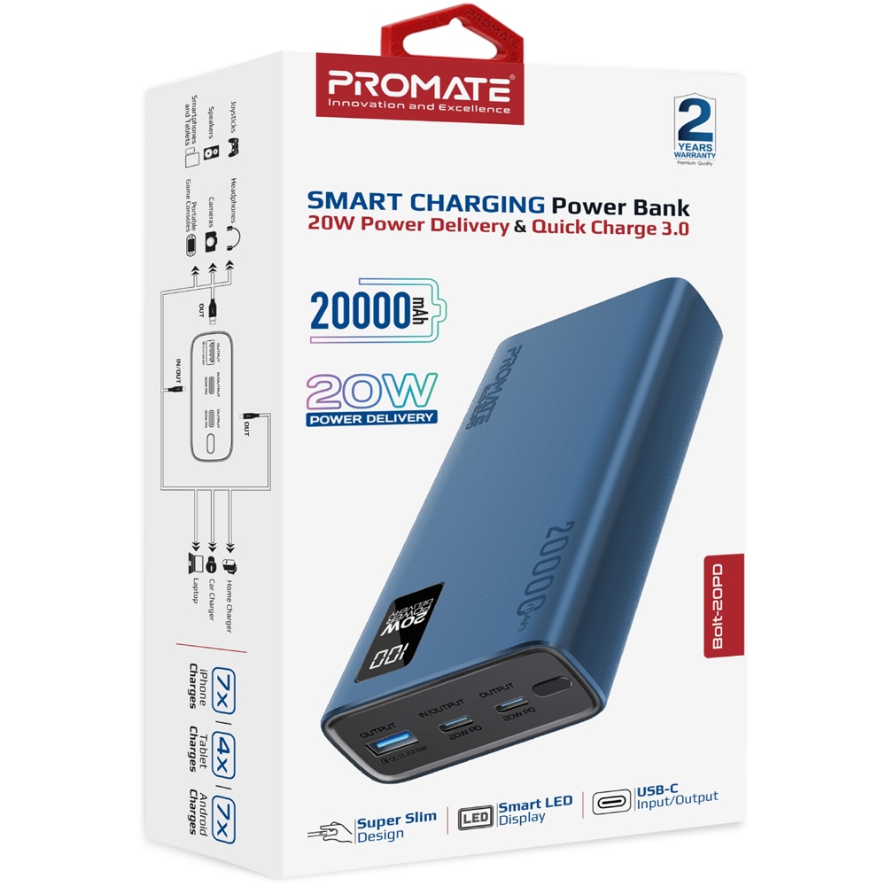 Baterie externa PROMATE Bolt-20PD, 20000mAh, 1xUSB-A, 2x USB-C Power Delivery (PD) 20W, albastru
