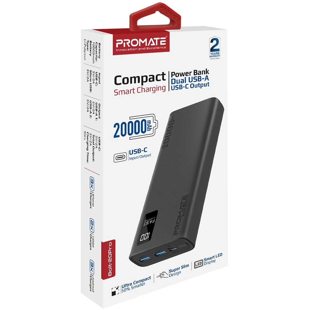Baterie externa PROMATE Bolt-20Pro, 20000mAh, 2x USB-A, 1x USB-C, negru