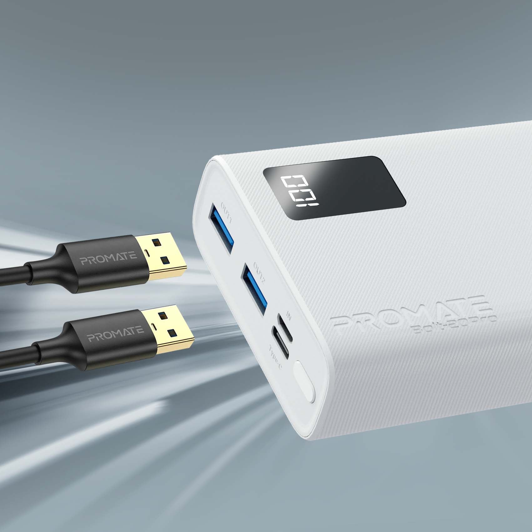 Baterie externa PROMATE Bolt-20Pro, 20000mAh, 2x USB-A, 1x USB-C, alb