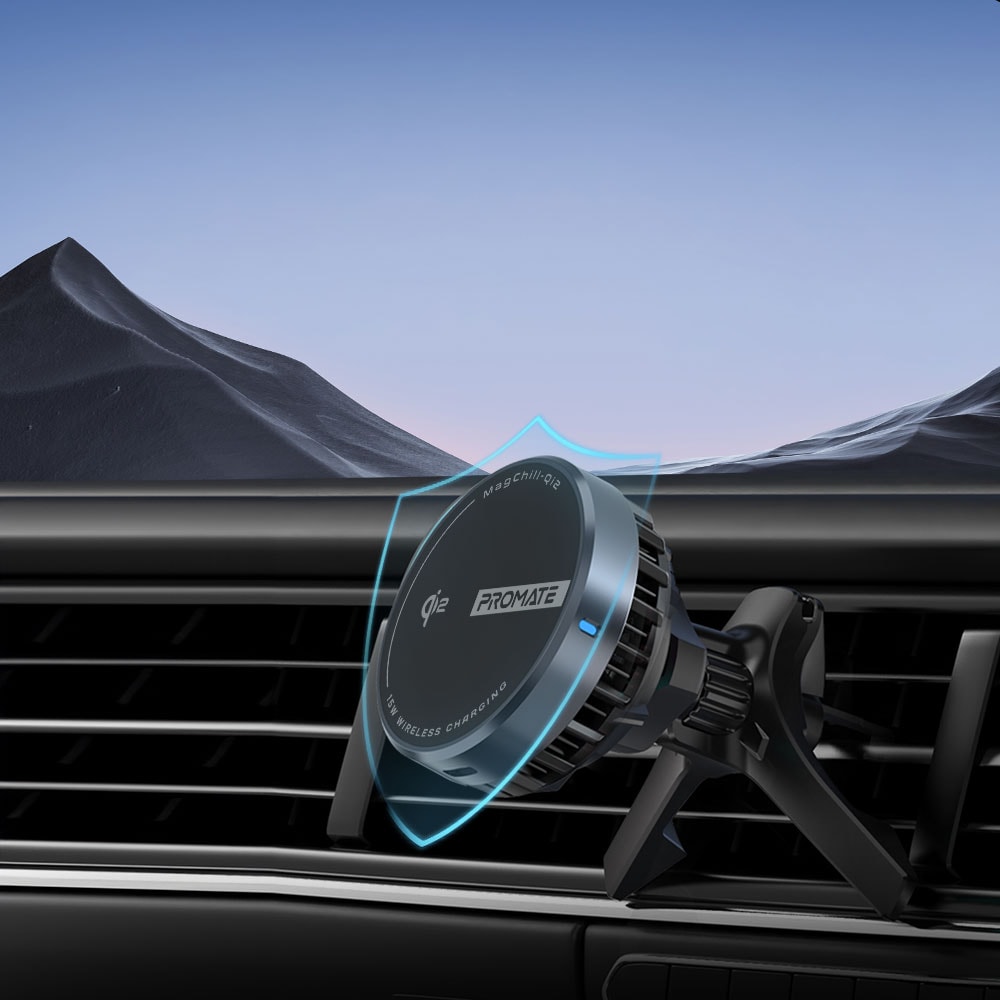 Suport auto cu incarcare wireless PROMATE MagChill-Qi2, parbriz/ventilatie, MagSafe 15W, negru