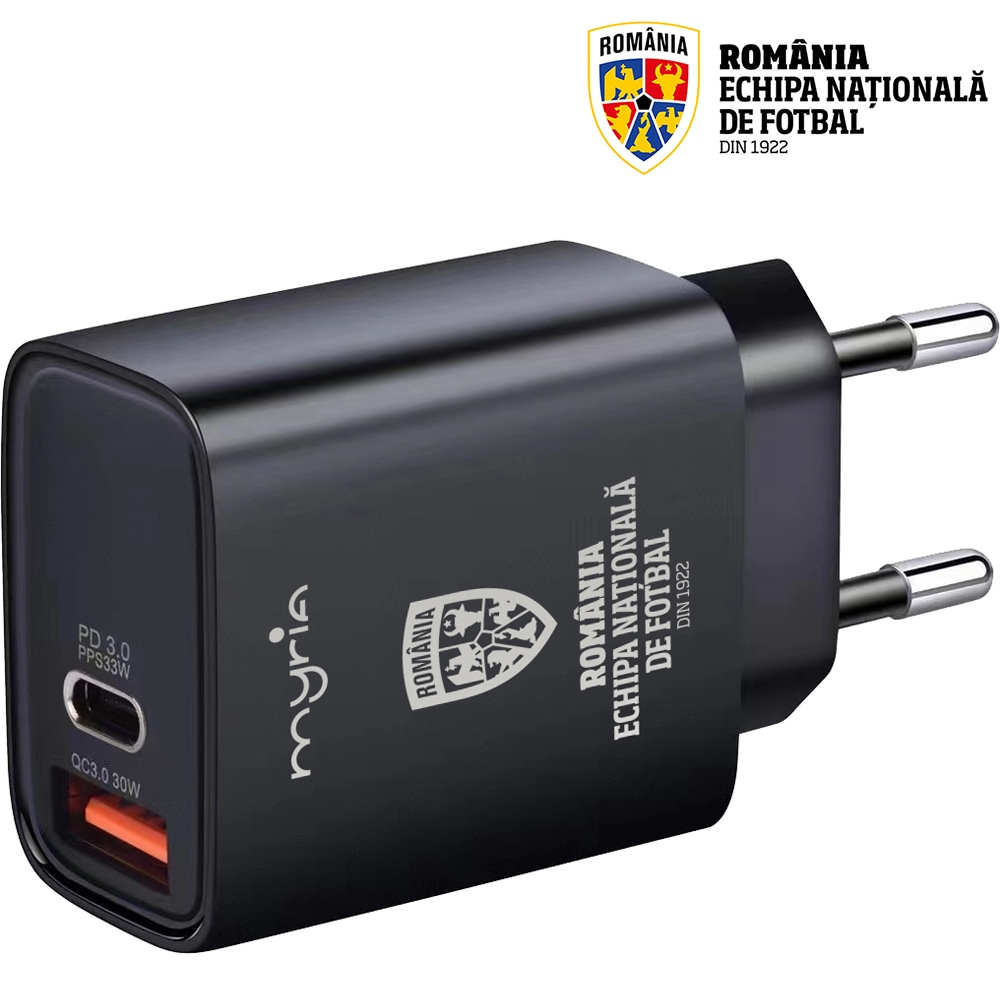 Incarcator retea MYRIA Echipa Nationala de Fotbal MY9092FRF, 1x USB-A, 1x USB-C, Power Delivery (PD) 30W, negru