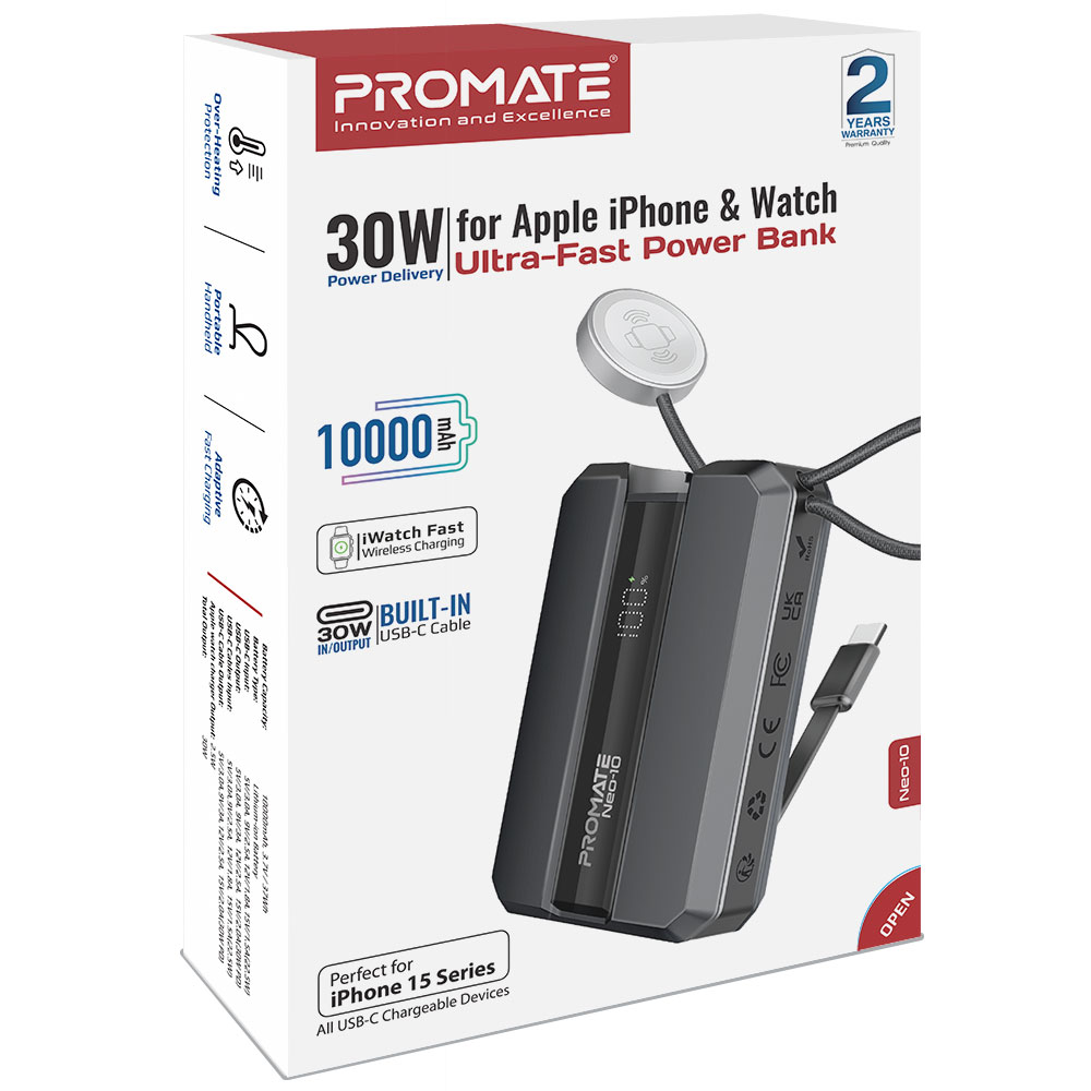 Baterie externa PROMATE Neo-10, 10000mAh, Incarcare Apple Watch 2.5W, 1x USB-C Power Delivery (PD) 30W, gri 