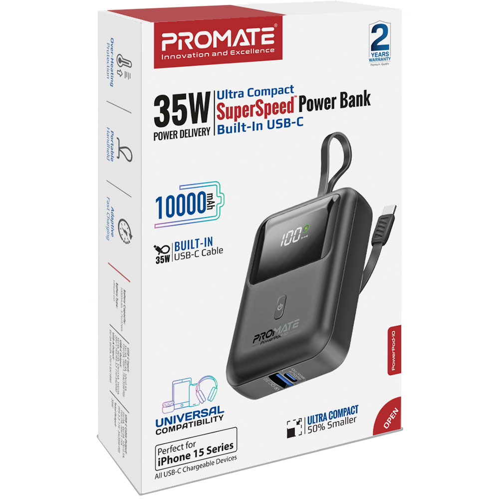 Baterie externa PROMATE PowerPod-10, 10000mAh, 1x USB-A, 1x USB-C, negru
