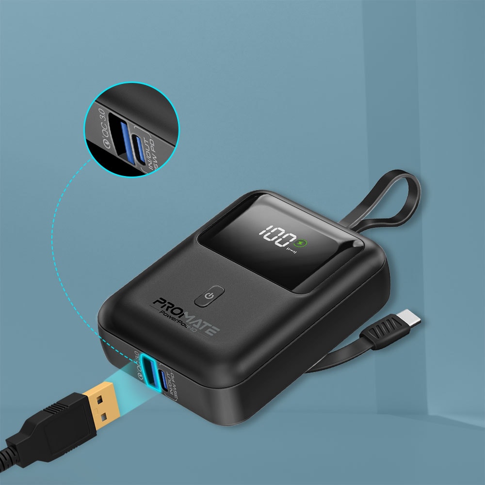 Baterie externa PROMATE PowerPod-10, 10000mAh, 1x USB-A, 1x USB-C, negru
