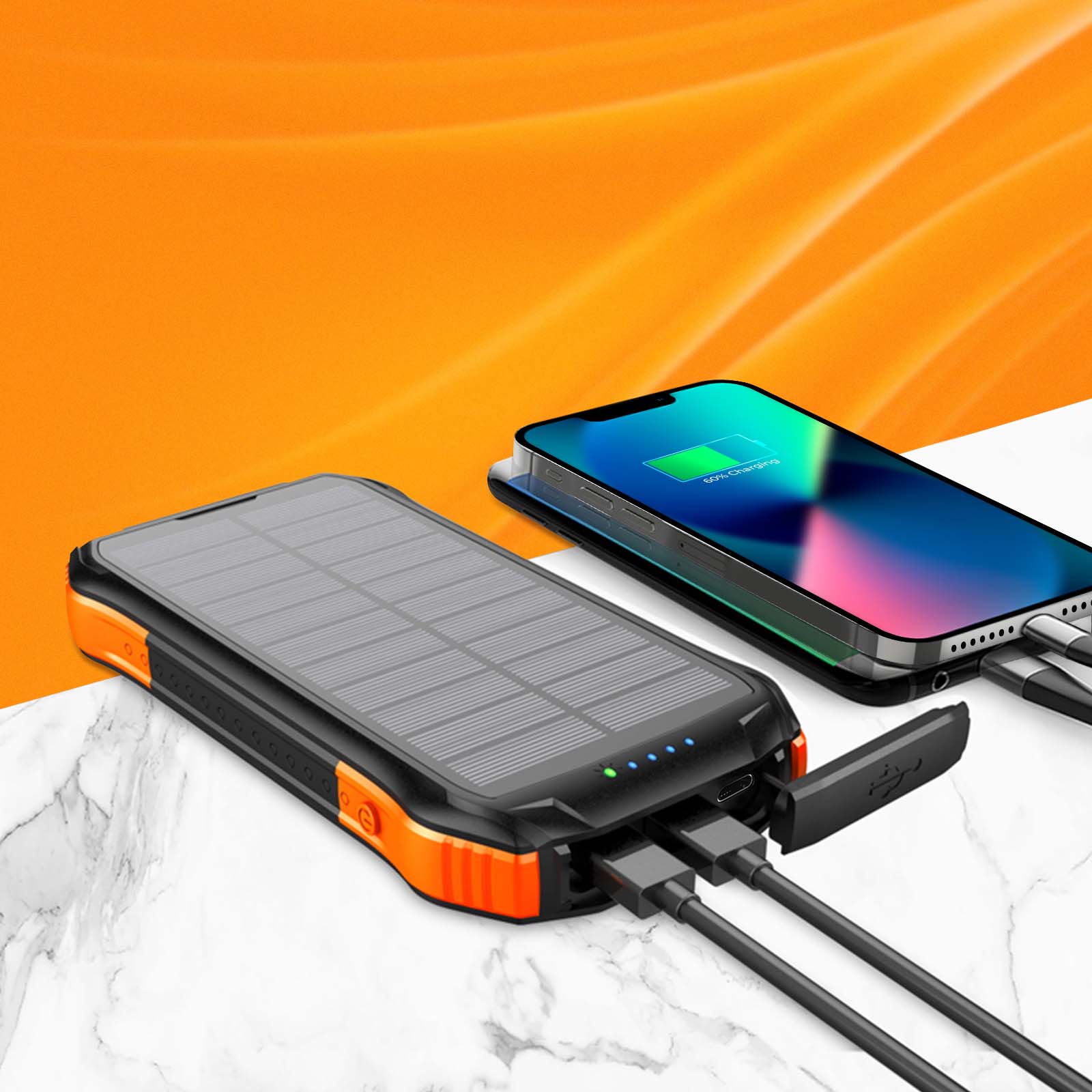 Baterie externa solara PROMATE SolarTank-10PDQi, 10000mAh, 2x USB-A, 1x USB-C, Wireless QI, negru-portocaliu