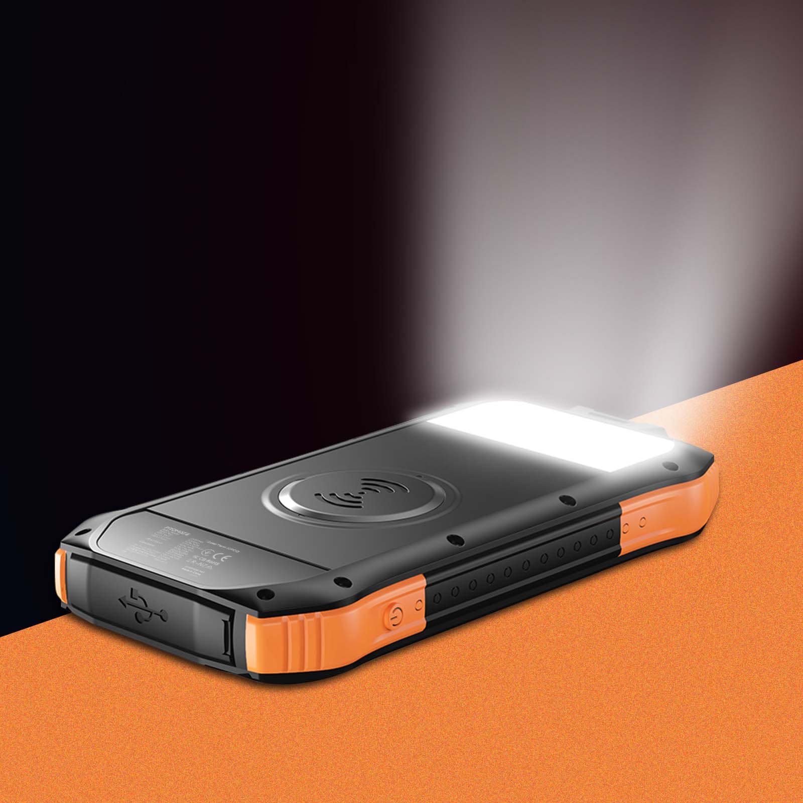 Baterie externa solara PROMATE SolarTank-10PDQi, 10000mAh, 2x USB-A, 1x USB-C, Wireless QI, negru-portocaliu