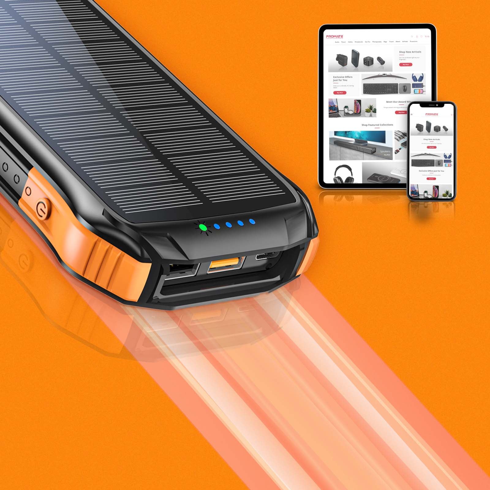Baterie externa solara PROMATE SolarTank-10PDQi, 10000mAh, 2x USB-A, 1x USB-C, Wireless QI, negru-portocaliu