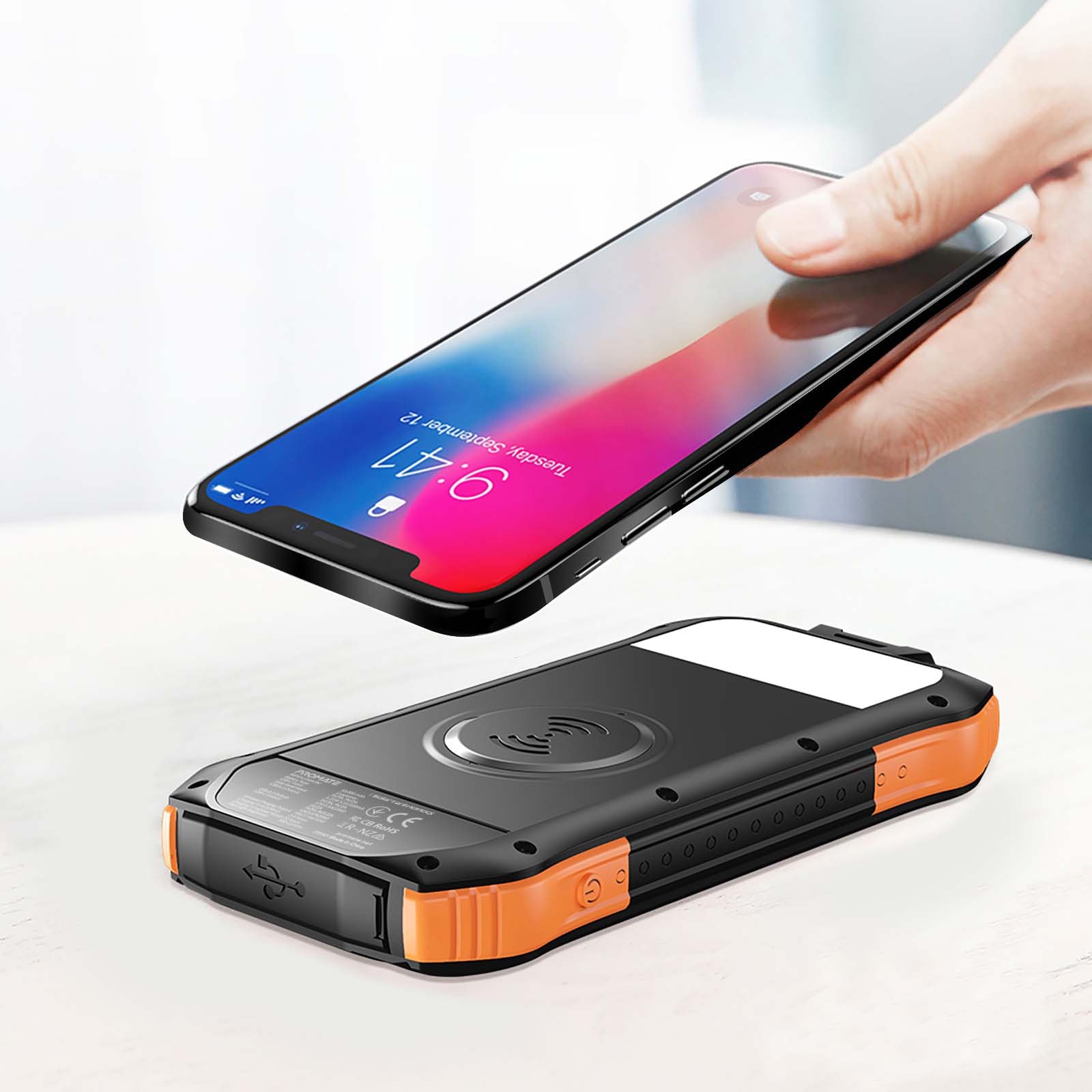 Baterie externa solara PROMATE SolarTank-10PDQi, 10000mAh, 2x USB-A, 1x USB-C, Wireless QI, negru-portocaliu