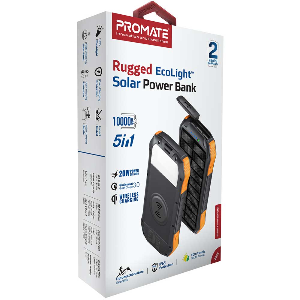 Baterie externa solara PROMATE SolarTank-10PDQi, 10000mAh, 2x USB-A, 1x USB-C, Wireless QI, negru-portocaliu