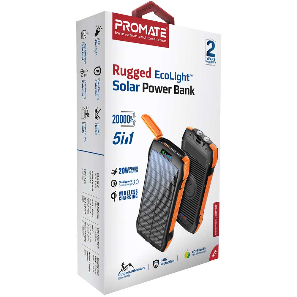 Baterie externa solara PROMATE SolarTank-20PDQi, 20000mAh, 2x USB-A, 1x USB-C, Wireless QI, negru