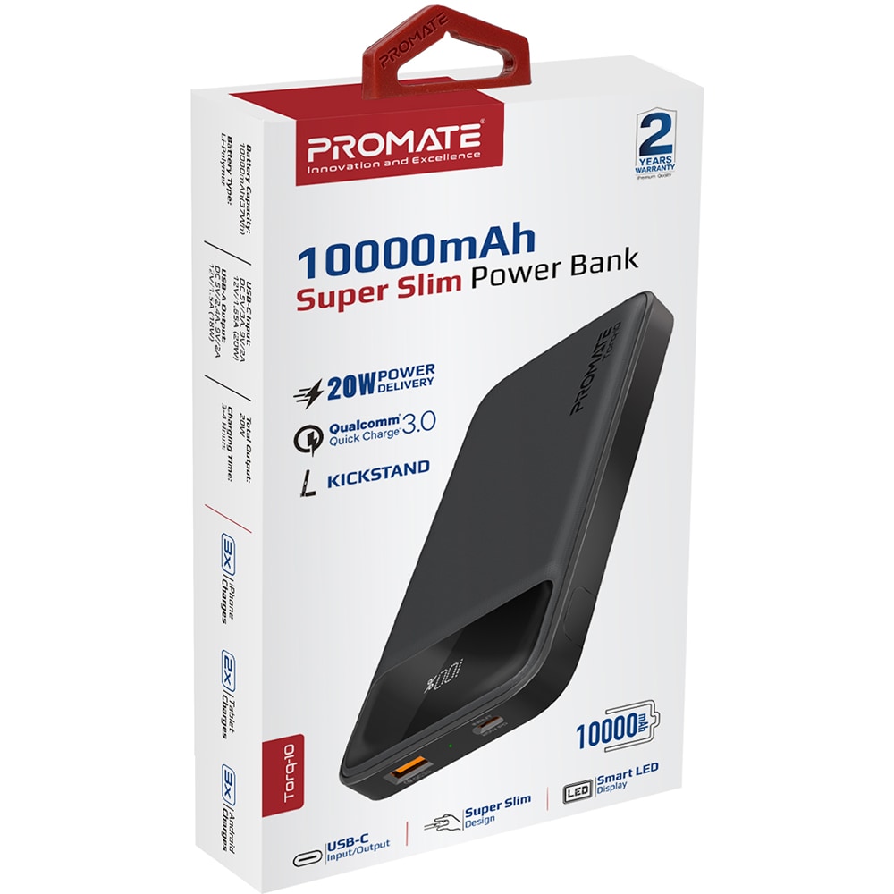 Baterie externa PROMATE Torq-10, 10000mAh, 1x USB-C Power Delivery (PD) 20W, 1x USB-A Quick Charge 3.0 18W, negru