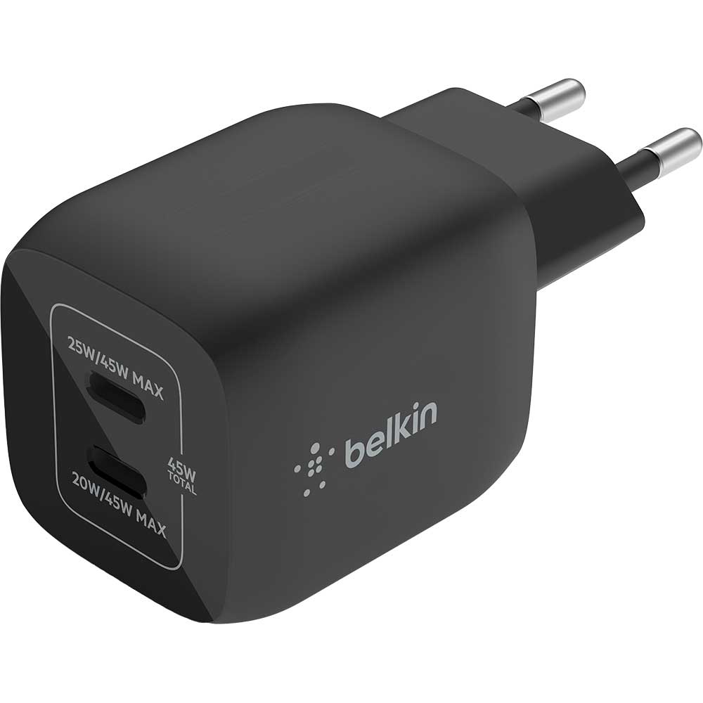 Incarcator retea BELKIN WCH011vfBK, 2xUSB-C 20W/25W, Power Delivery (PD) 45W, GaN, negru
