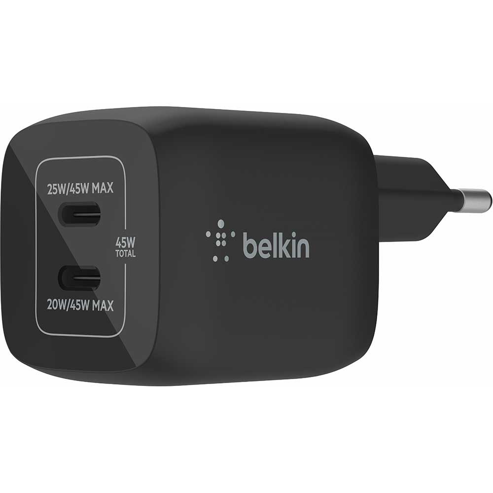 Incarcator retea BELKIN WCH011vfBK, 2xUSB-C 20W/25W, Power Delivery (PD) 45W, GaN, negru