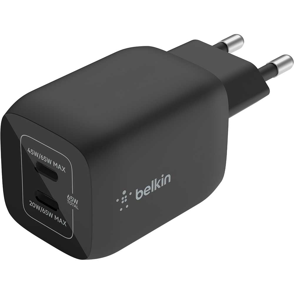 Incarcator retea BELKIN WCH013vfBK, 2xUSB-C 20W/45W, Power Delivery (PD) 65W, GaN, negru