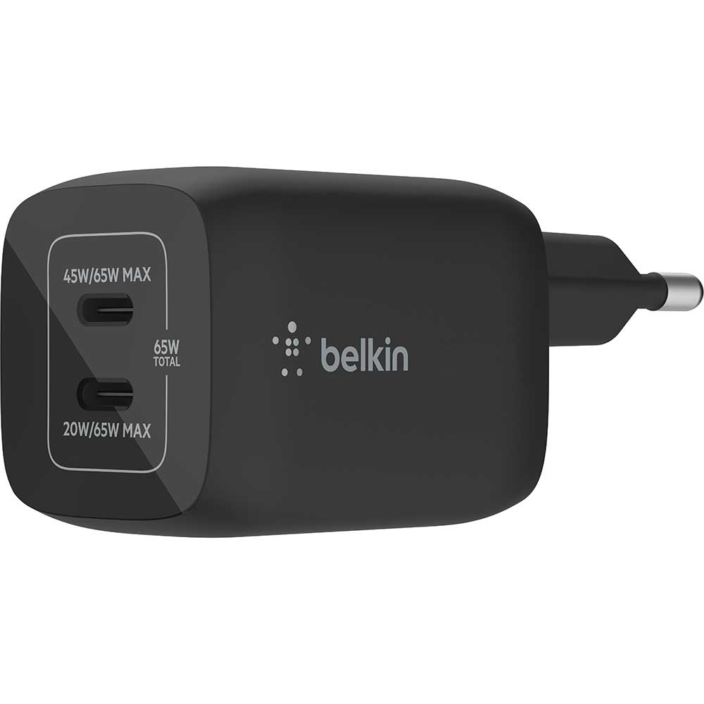 Incarcator retea BELKIN WCH013vfBK, 2xUSB-C 20W/45W, Power Delivery (PD) 65W, GaN, negru