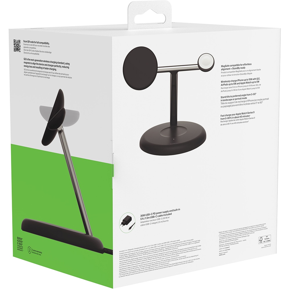 Incarcator wireless 3 in 1 BELKIN WIZ023vfBK, Qi2, 15W, negru