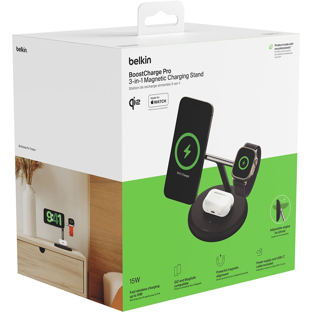 Incarcator wireless 3 in 1 BELKIN WIZ023vfBK, Qi2, 15W, negru