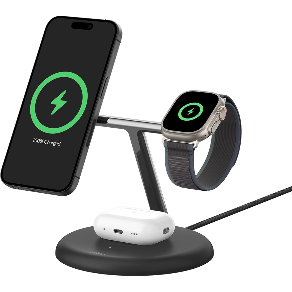 Incarcator wireless 3 in 1 BELKIN WIZ023vfBK, Qi2, 15W, negru