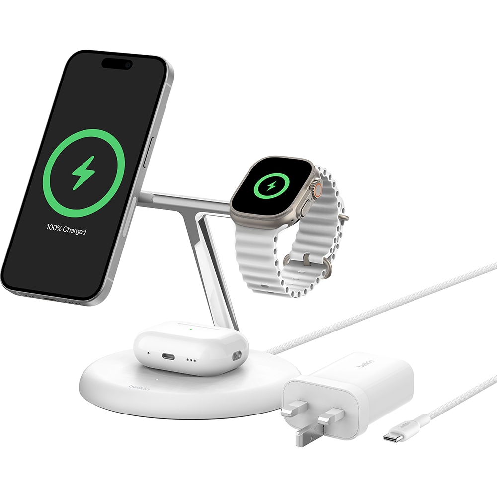 Incarcator wireless 3 in 1 BELKIN WIZ023vfWH, Qi2, 15W, alb