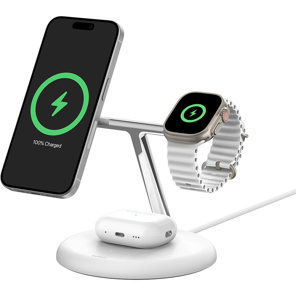 Incarcator wireless 3 in 1 BELKIN WIZ023vfWH, Qi2, 15W, alb