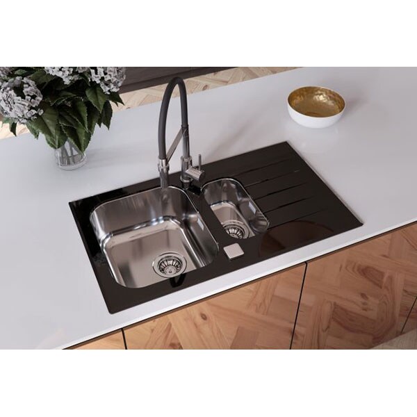 Chiuveta bucatarie ALVEUS Glassix 20, 1 1/2 cuve, picurator reversibil, inox cu sticla, negru