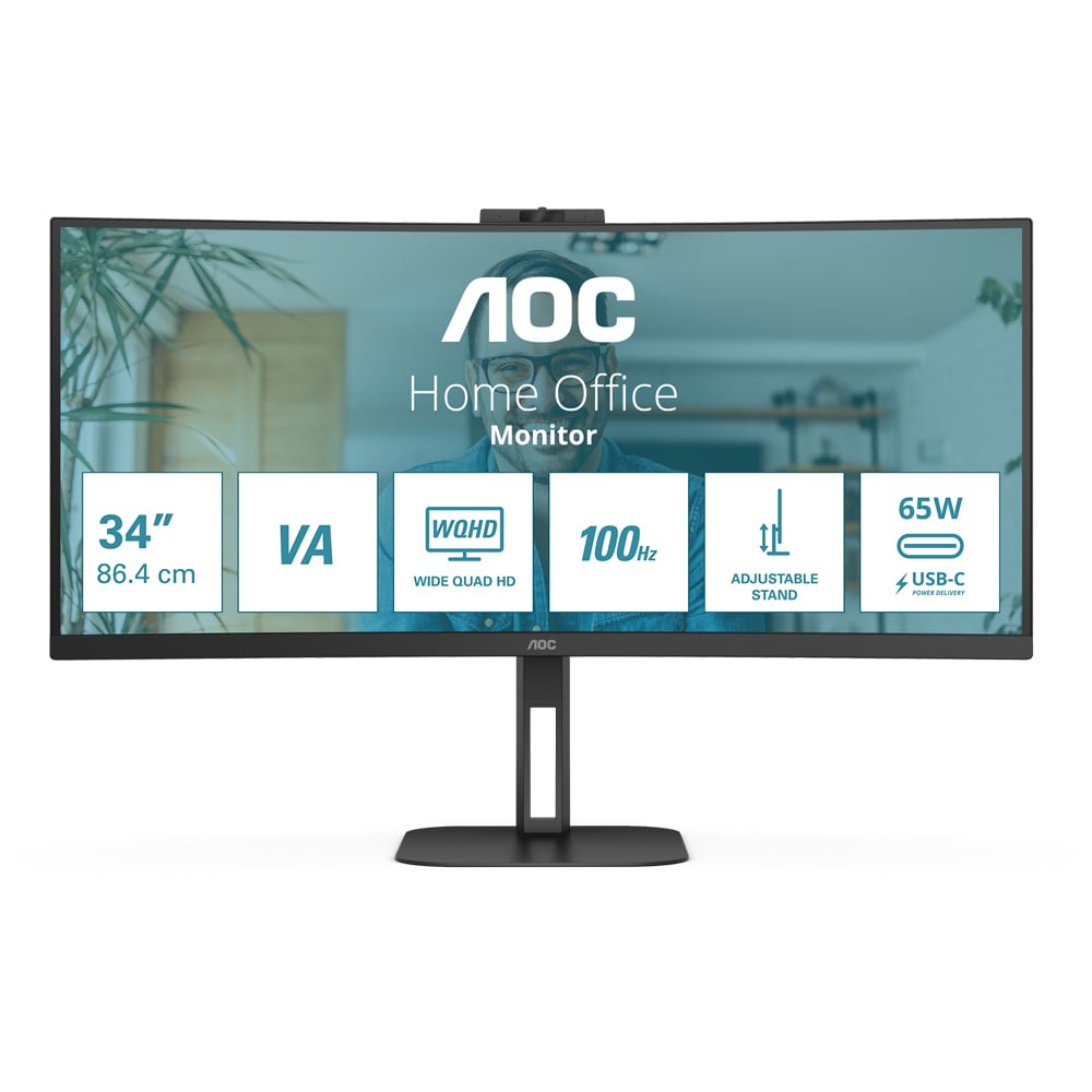 Monitor WLED VA AOC CU34V5CW, 34", WQHD, 100Hz, AMD FreeSync, Webcam, negru