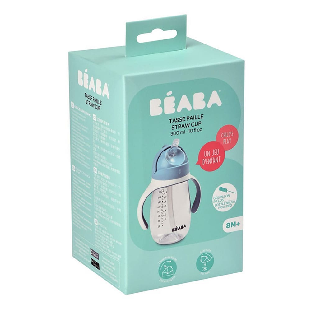 Cana cu pai BEABA B913479, 8 luni+, 300ml, albastru-alb