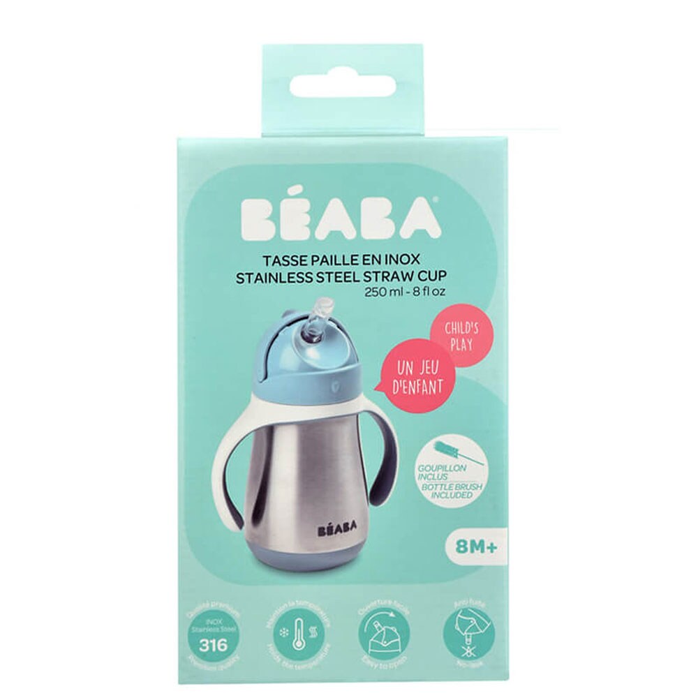 Cana cu pai BEABA B913481, 8 luni+, 250ml, albastru-argintiu