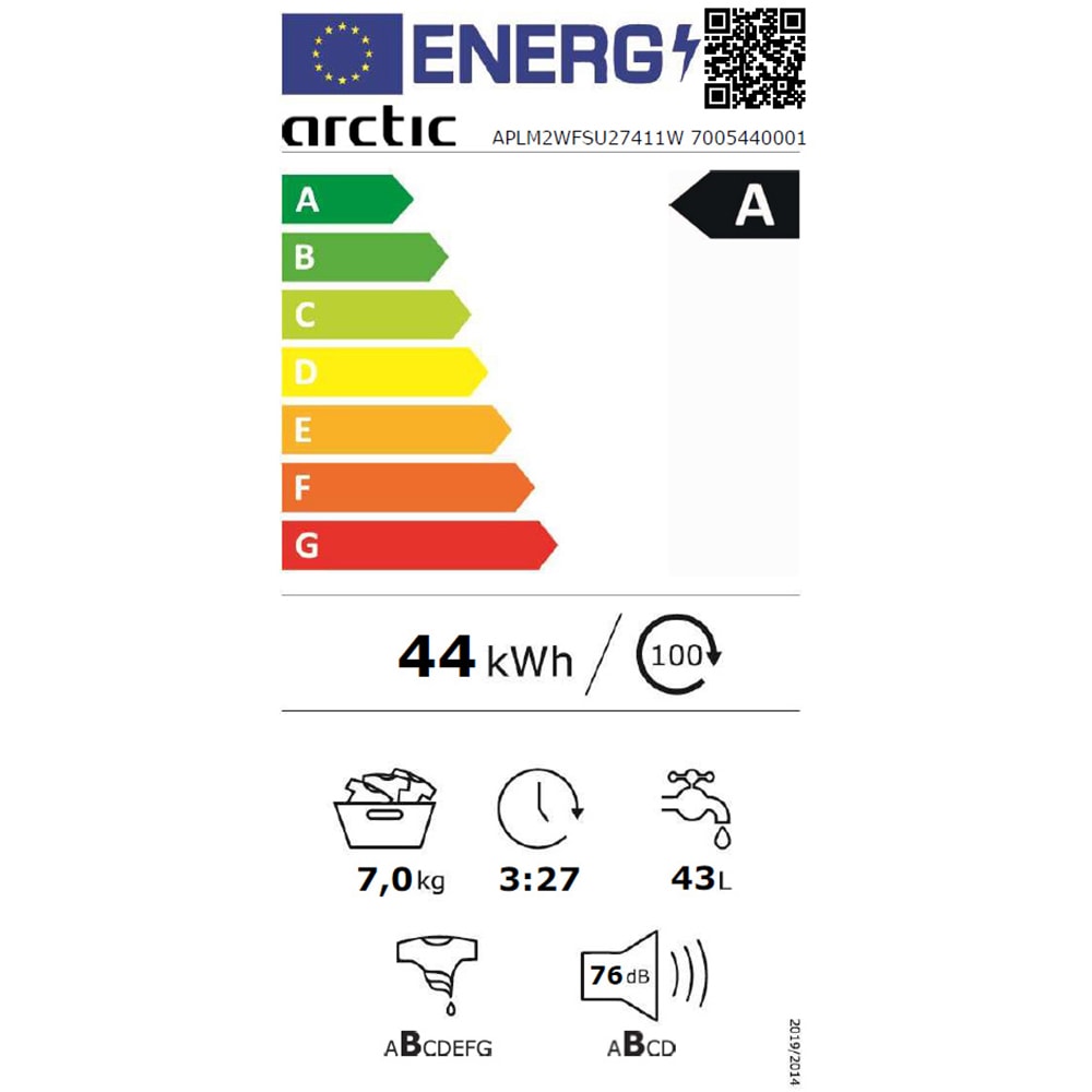 Masina de spalat rufe frontala ARCTIC APLM2WFSU27411W, ExtraSteam, 7 kg, 1400rpm, Clasa A, alb