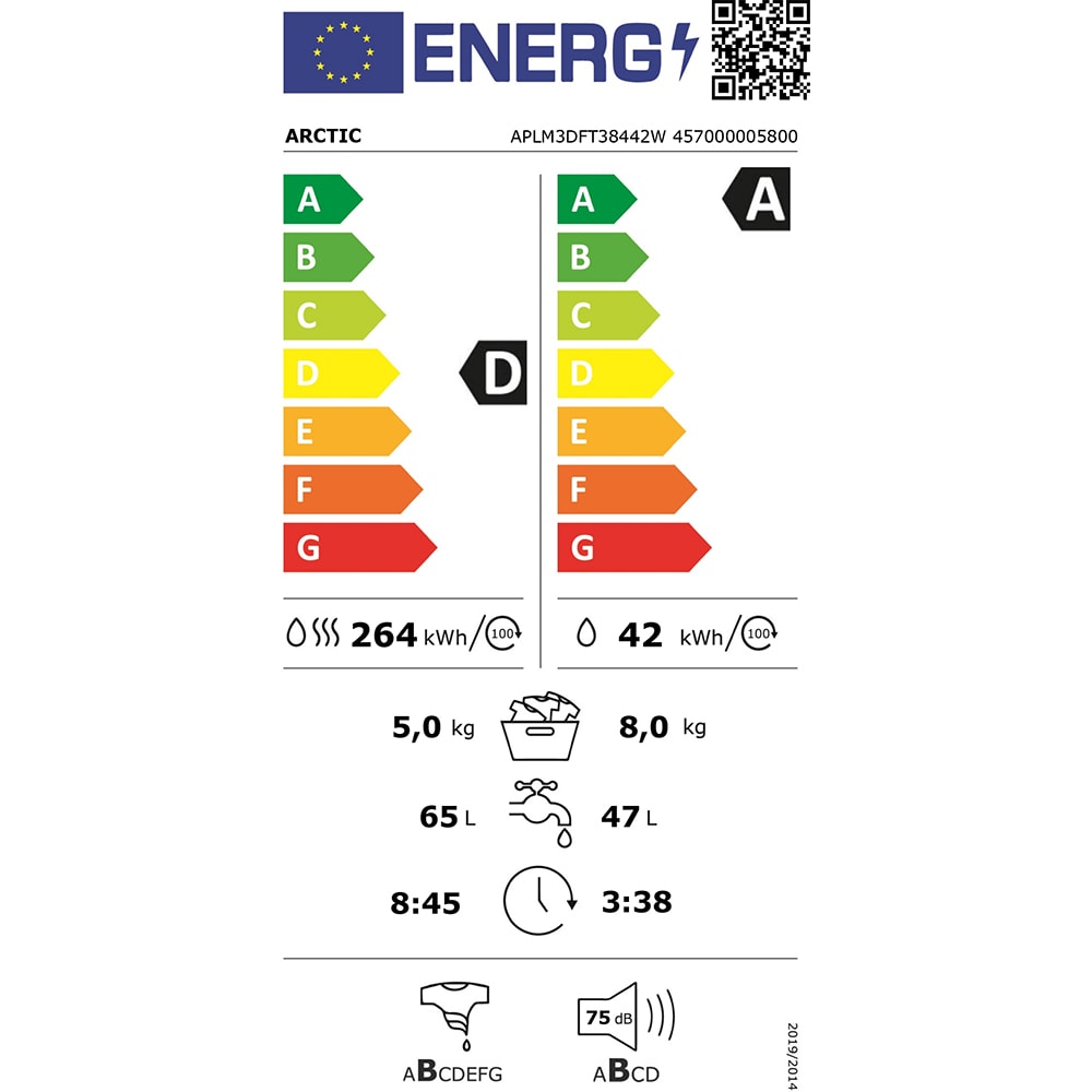 Masina de spalat rufe frontala cu uscator ARCTIC APLM3DFT38442W, 8/5 kg, 1400rpm, Clasa A/D, alb