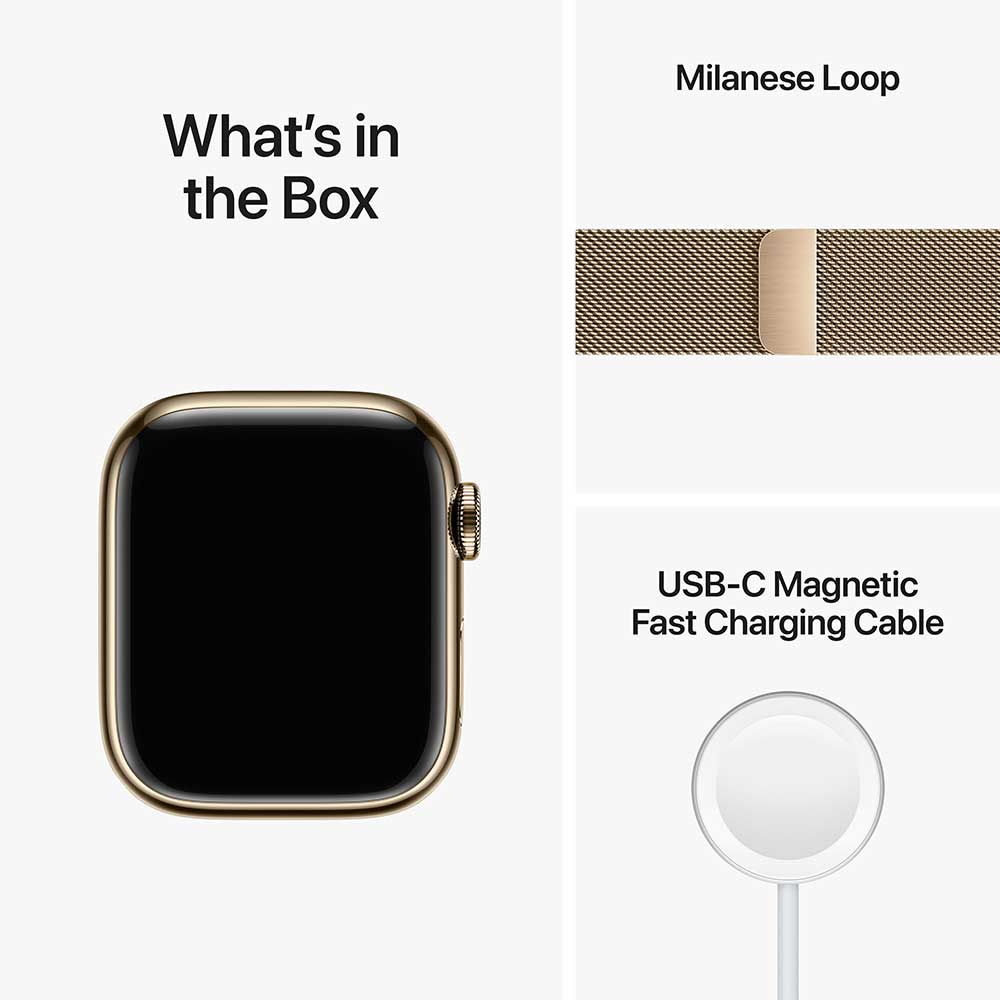 APPLE Watch Series 8, GPS + Cellular, 45mm Gold Stainless Steel Case, Gold Milanese Loop