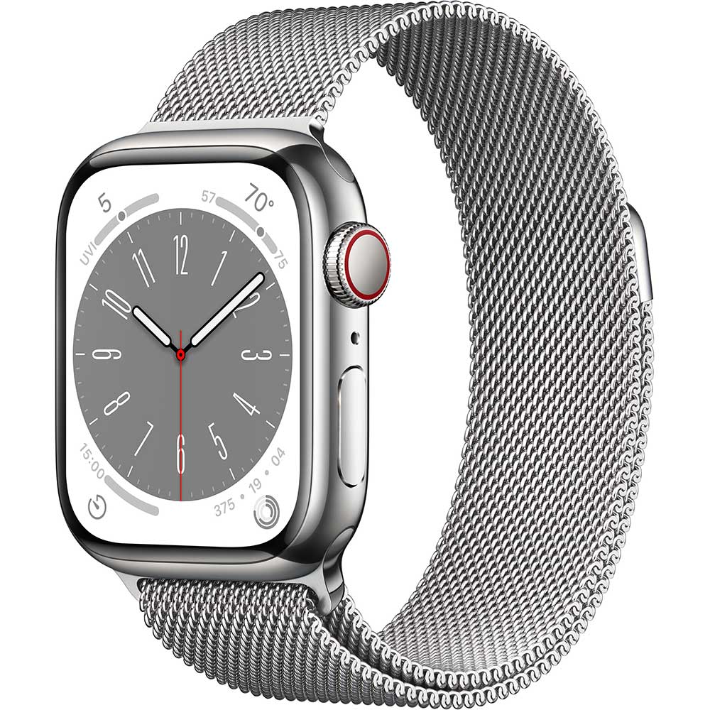 APPLE Watch Series 8, GPS + Cellular, 45mm Silver Stainless Steel Case, Silver Milanese Loop