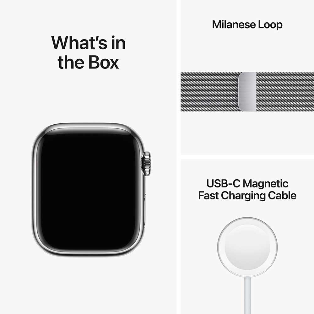 APPLE Watch Series 8, GPS + Cellular, 45mm Silver Stainless Steel Case, Silver Milanese Loop