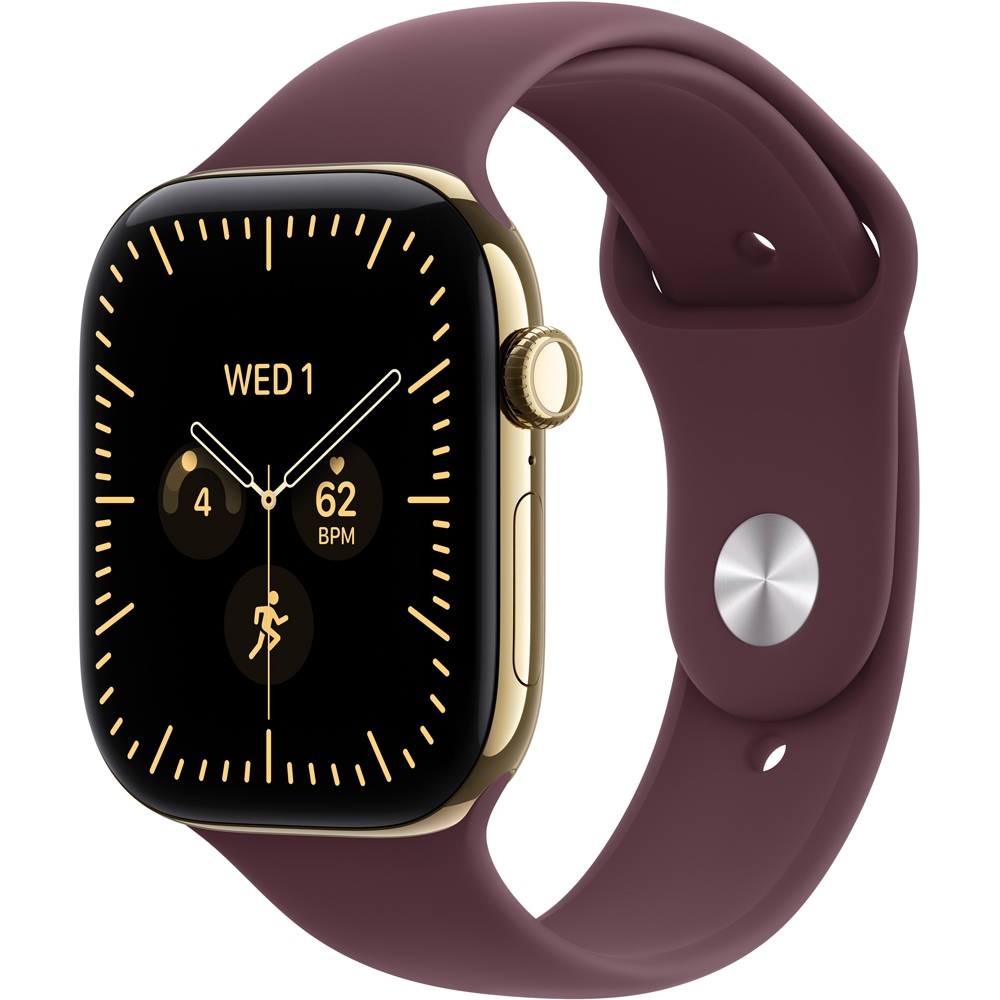 Apple Watch Series 12, GPS + Cellular, 46mm, Radiant Gold Titanium Case, Burgundy Sport Band - S/M