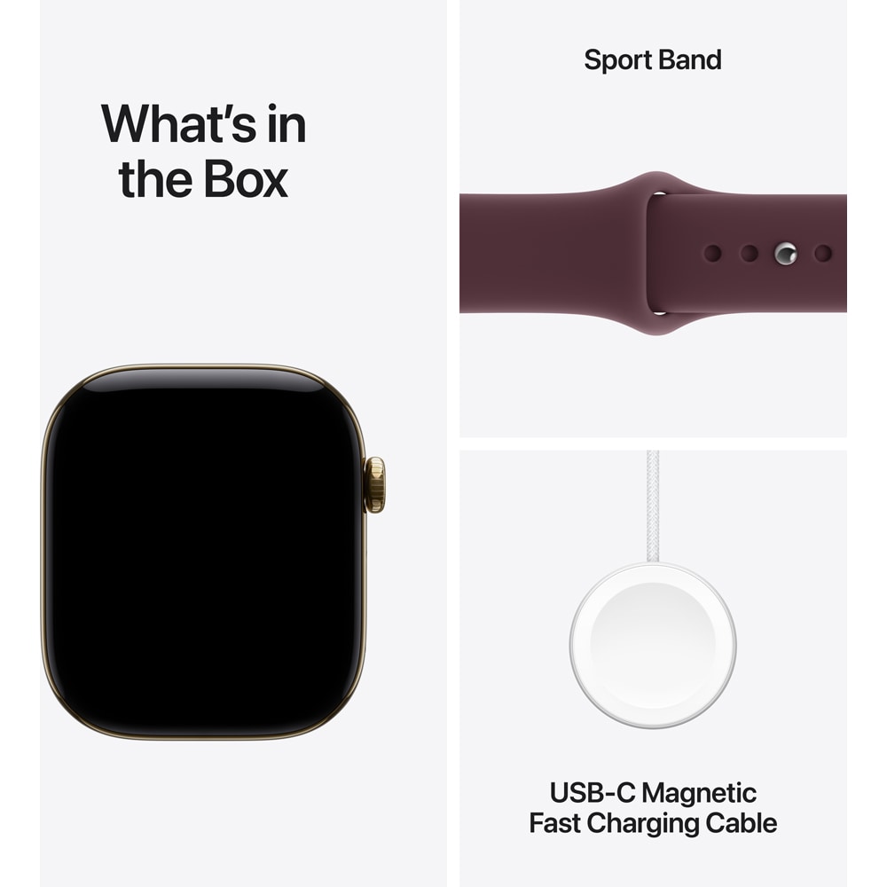 Apple Watch Series 12, GPS + Cellular, 46mm, Radiant Gold Titanium Case, Burgundy Sport Band - S/M