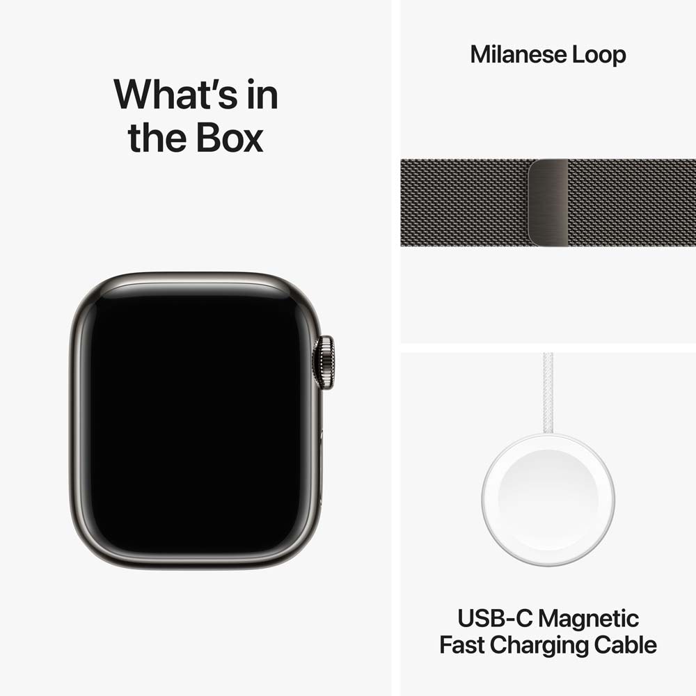 APPLE Watch Series 9, GPS + Cellular, 45mm Graphite Stainless Steel Case, Graphite Milanese Loop