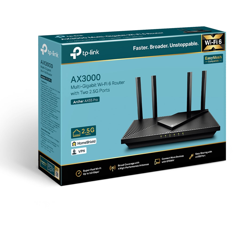 Router Wireless Gigabit TP-LINK Archer AX55 Pro, AX3000, Wi-Fi 6, Dual-Band 574+2402 Mbps, negru