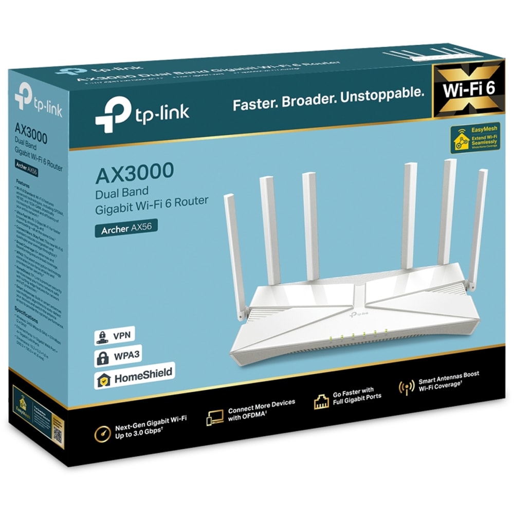 Router Wireless Gigabit TP-LINK Archer AX56, AX3000, Wi-Fi 6, Dual-Band 574+2402 Mbps, alb